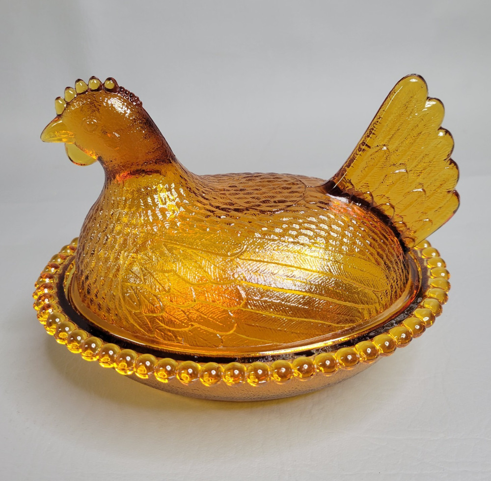Vintage Amber Glass Hen On Nest Indiana Glass 7" x 5.5" Covered Dish Fall Autumn
